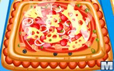 Cocina en el juego una pizza de masa cuadrada